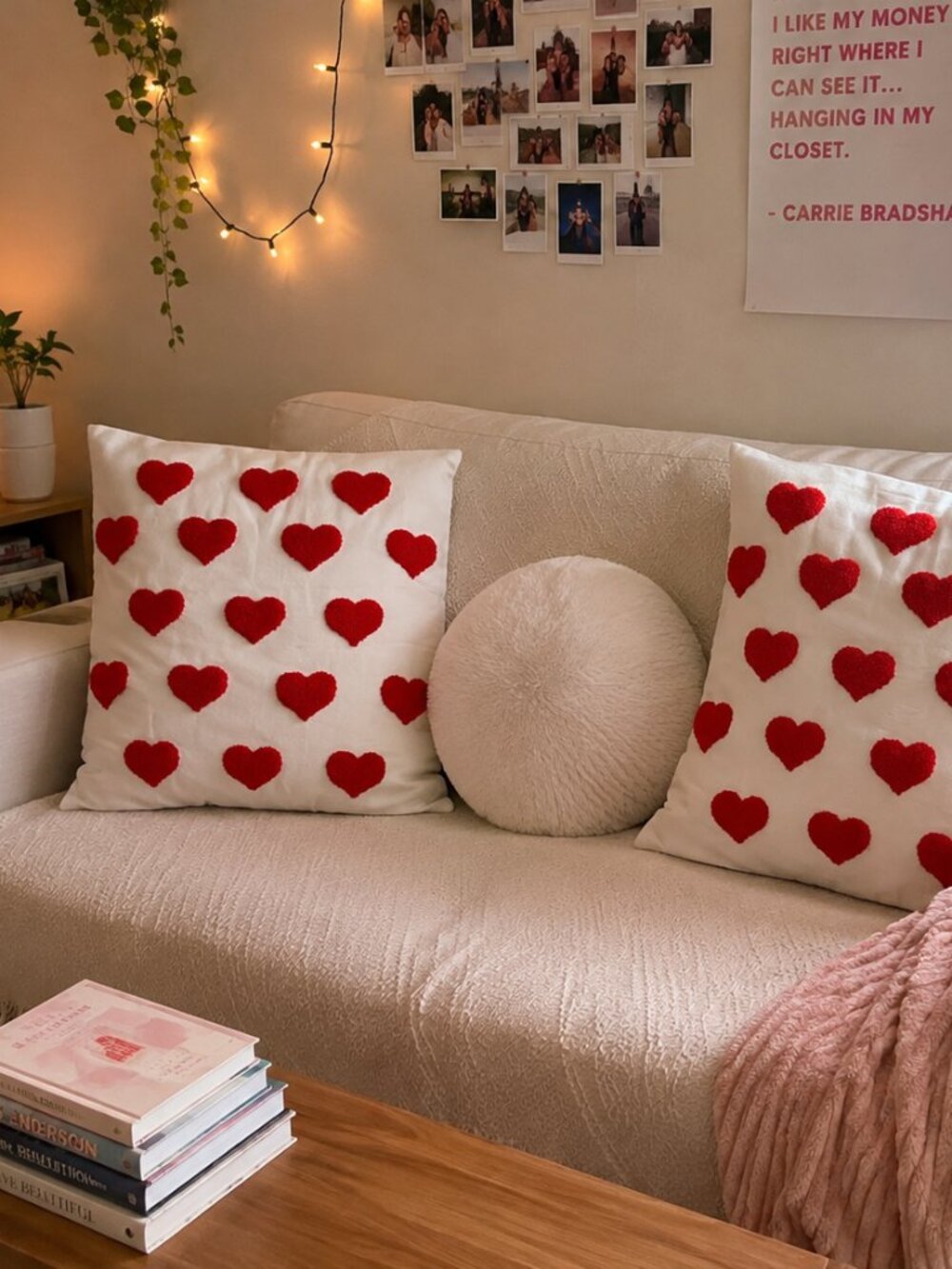 White Cotton and Canvas Decorative Pillowcases with Red Heart Motif- NWOT